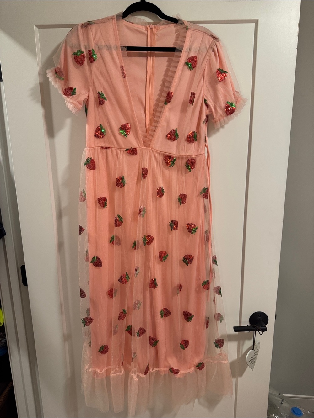 Peach Strawberry Embroidered Tulle Midi Dress